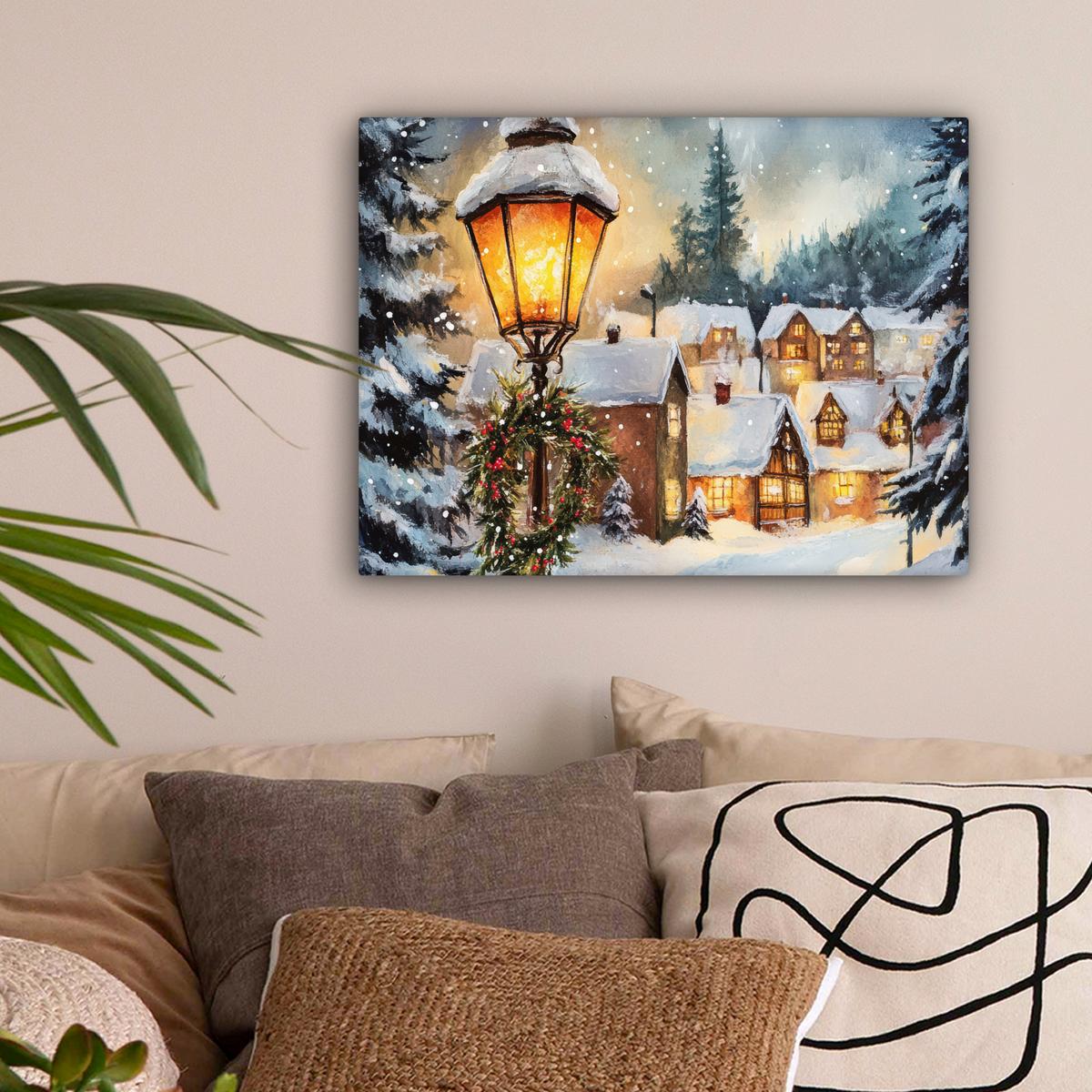 LEINWANDBILD Weihnachtsdorf - Häuser - Schnee - Weihnachten Wandbild 40x30 cm - Sandfarben, Textil (40/30cm) - MuchoWow