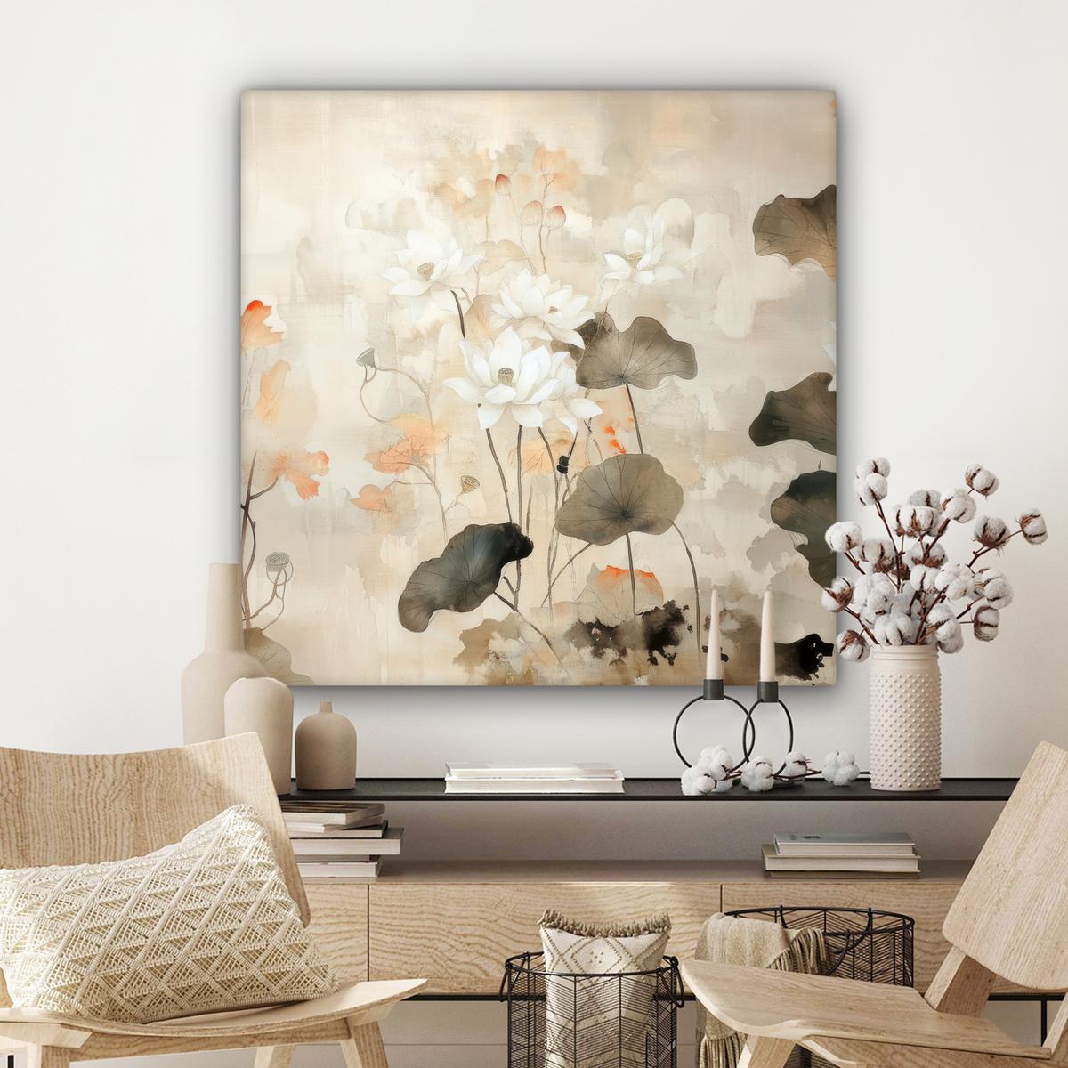 LEINWANDBILD Blumen - Japandi - Wabi sabi Deko Groß 90x90 cm - Sandfarben, Textil (90/90cm) - MuchoWow