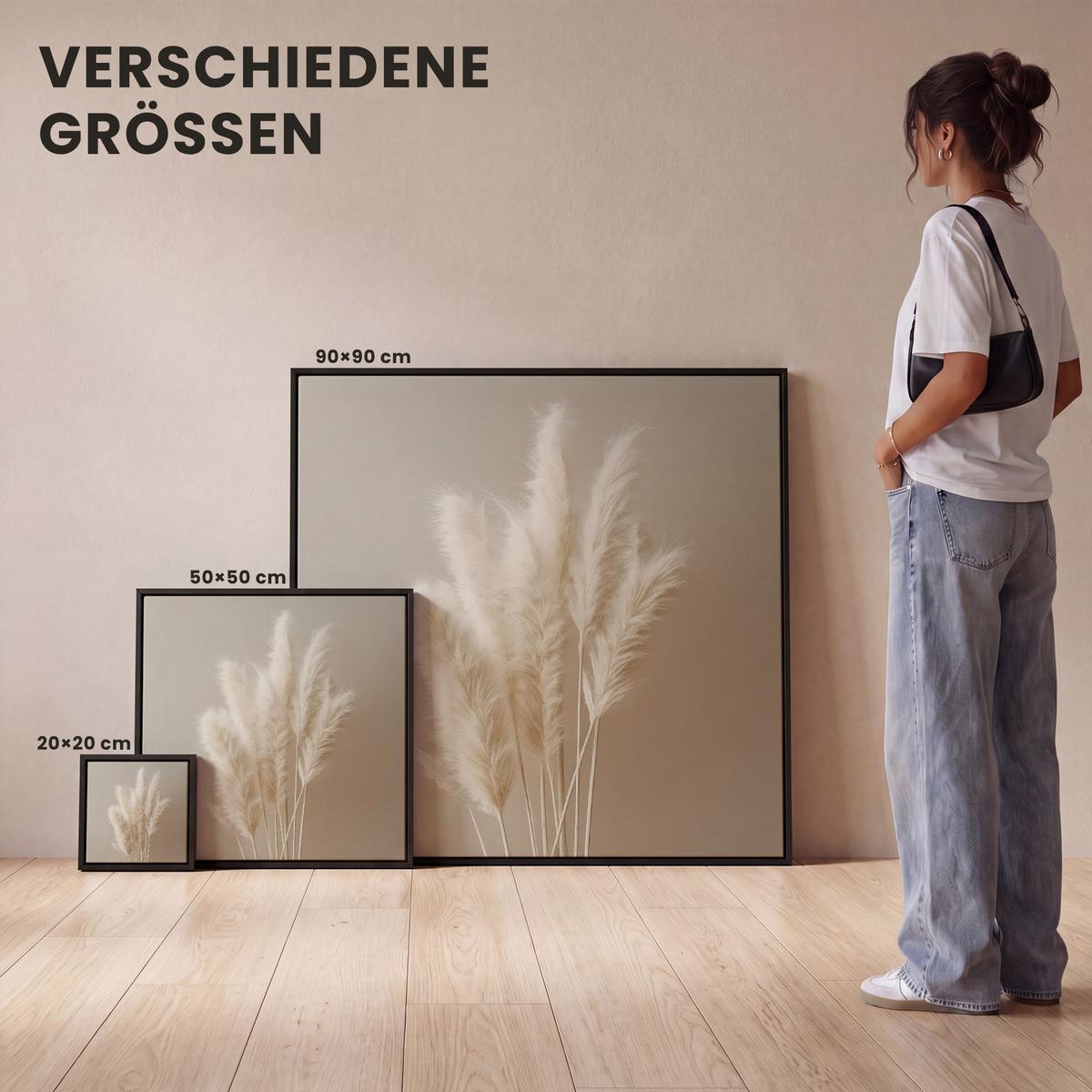 LEINWAND Bilder mit Rahmen - Pampasgras - Federn - Pastell - Weiß - 20x20 - Naturfarben, Textil (20/20cm) - MuchoWow