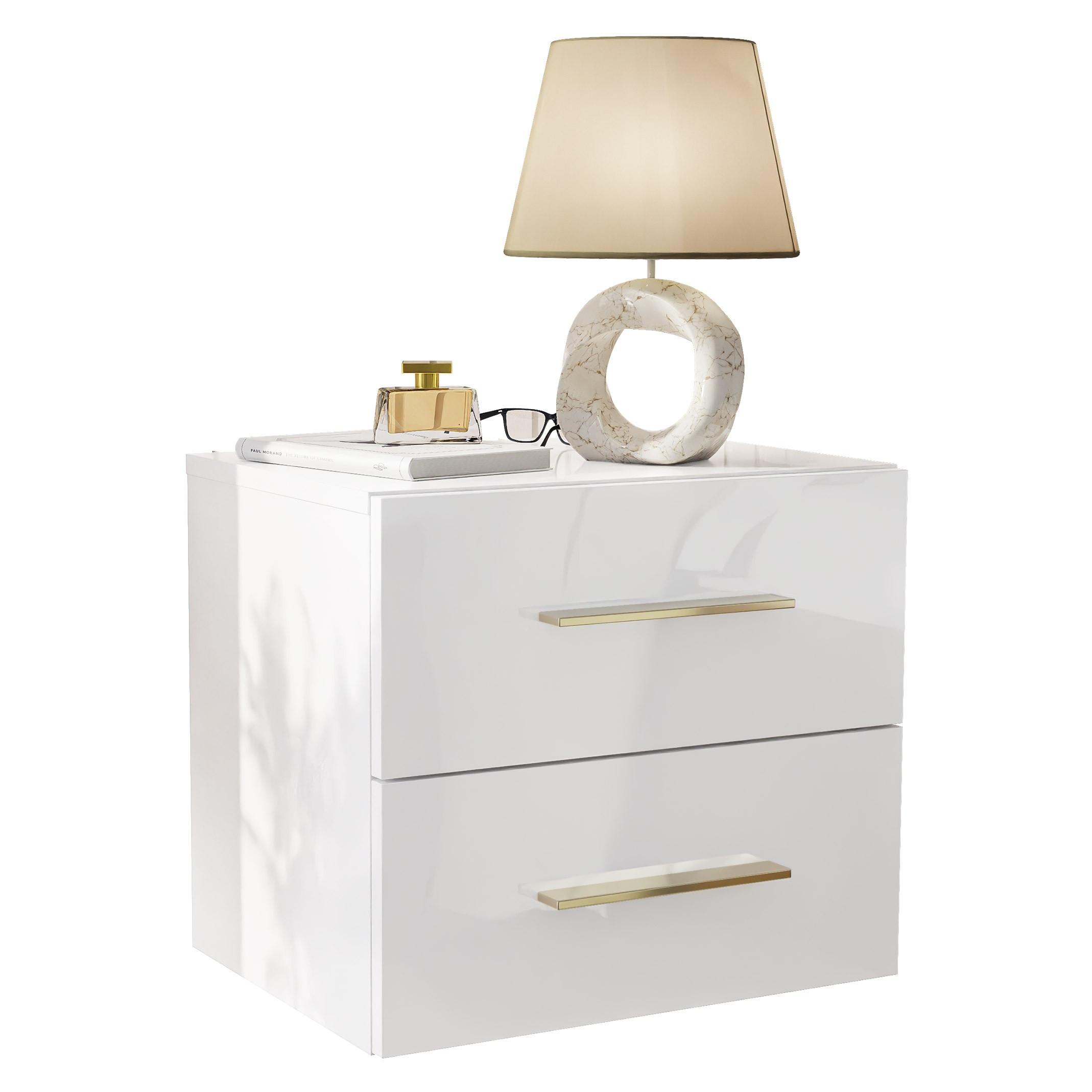 NACHTTISCH LINA LUX hängend mit Griffen und Hochglanzplatte – Griffe: Gold-Chrom - Goldfarben/Weiß, Holzwerkstoff (45/41.8/38.5cm) - Lookway