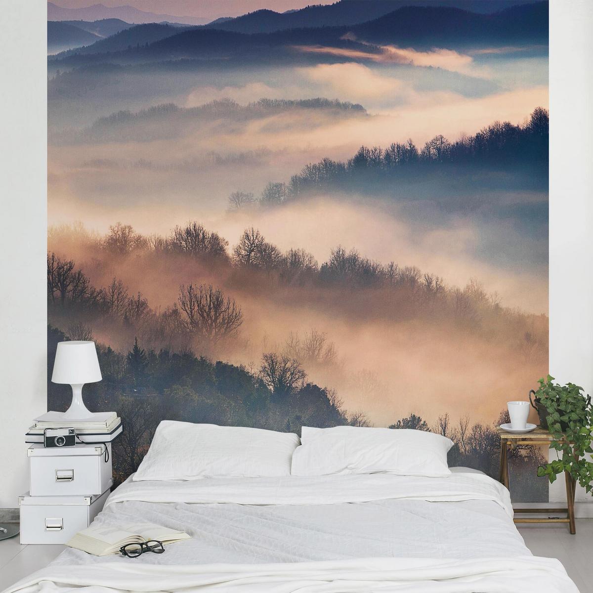 FOTOTAPETE Nebel bei Sonnenuntergang 192/192 cm - Eichefarben, Papier (192/192cm) - Bilderwelten