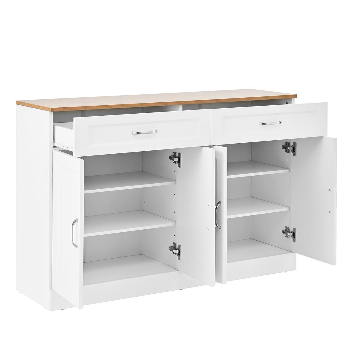 SIDEBOARD mit Regalen und Rebounder 4 Türen, 2 Schubladen, verstellbare Einlegeböden Natürliche Holzmaserung und Weiß - Weiß, Holzwerkstoff (120/81/35cm) - Urban Meuble
