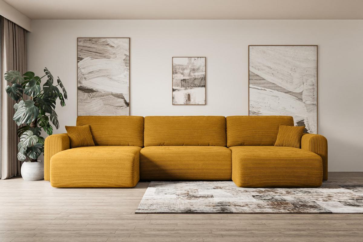 WOHNLANDSCHAFT mit Schlaffunktion und Bettkasten ORRO-U - 362x145x83 cm Senfgelb Cord - Gelb/Schwarz, Holzwerkstoff/Kunststoff (362/83/145cm) - ALTDECOR