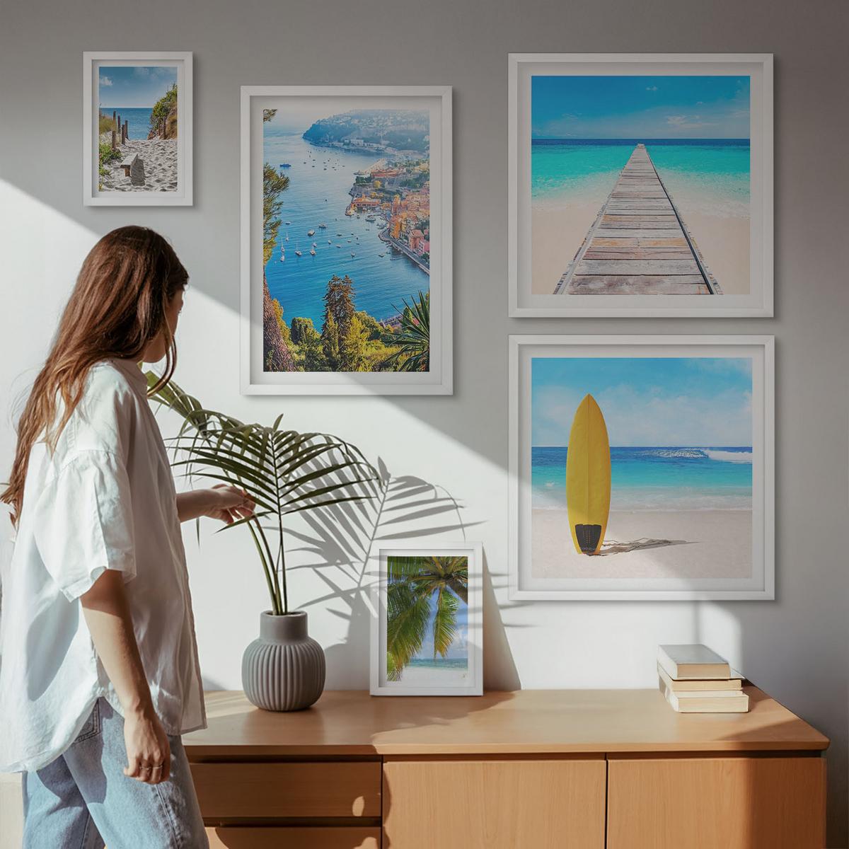 BILDER SET 5er Set - 50x50 cm & 20x30 cm & 40x60 cm Weißer Rahmen - Urlaubsblick Strand Palmen - Weiß, Kunststoff (40/60cm) - TULUP