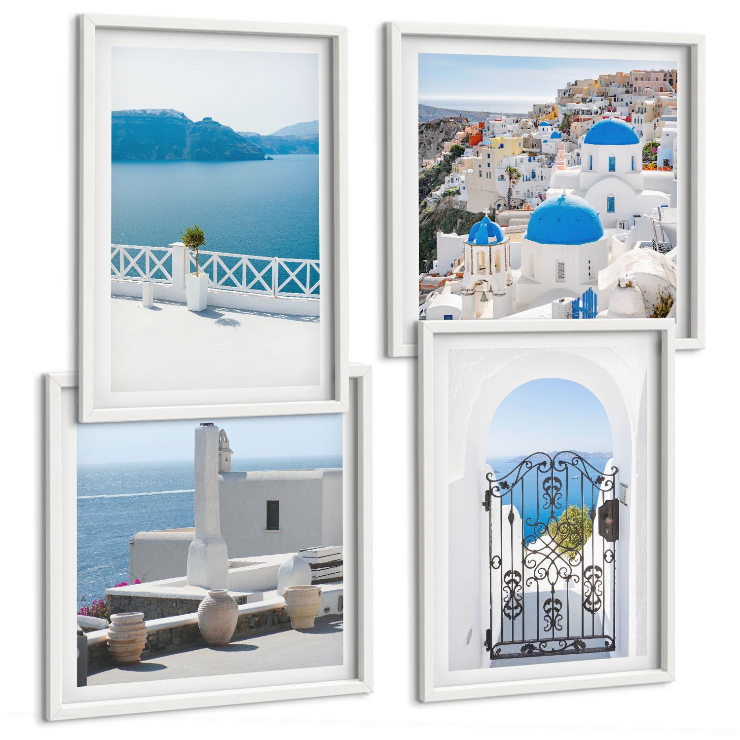 BILDER SET 4er Set - 50x50 cm & 40x60 cm Weißer Rahmen - Gebäude am Weißen Meer, Griechenland - Weiß, Kunststoff (50/50cm) - TULUP
