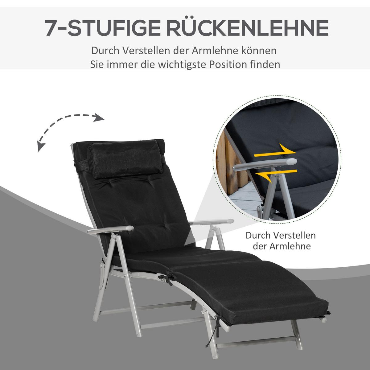 SONNENLIEGE, klappbar mit Kissen, Metall+Stoff, Schwarz, 137 x 63,5 x 100,5 cm - Multicolor, Metall (63.5/100.5/137cm) - Outsunny