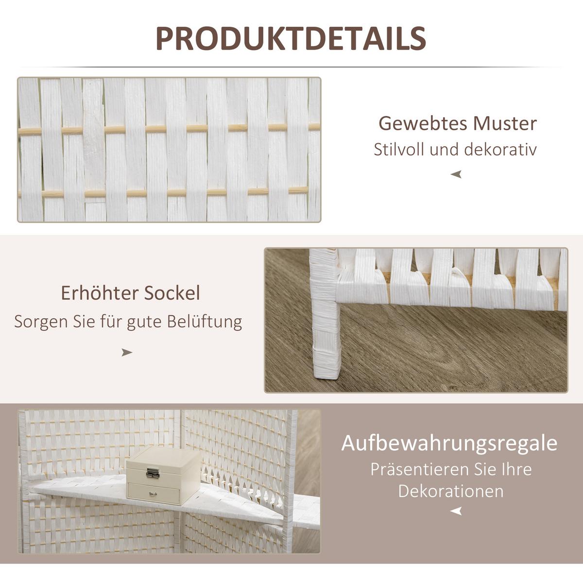 PARAVENT 4-teilig aus Papierfaser Weiß - Weiß, Holz (1.6/180cm) - HOMCOM