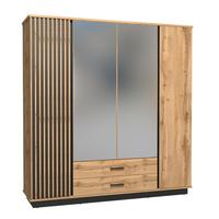SCHWEBETÜRENSCHRANK KIMA 196,6/205/52cm 4-türig mit Spiegel Eiche Wotan - Eiche Wotan, Holzwerkstoff (196.6/205/52cm) - MASSENO