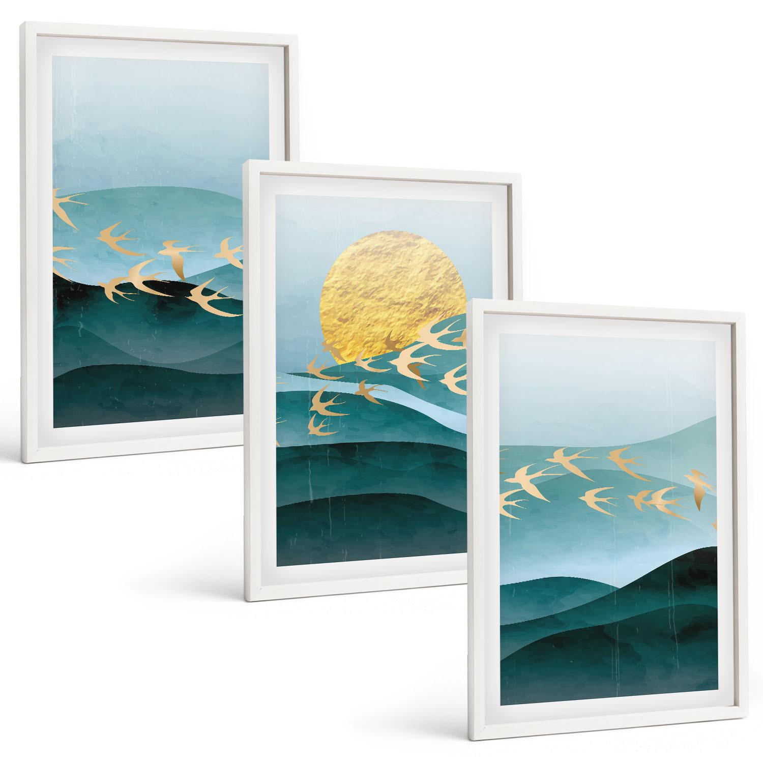BILDER SET 3er Set - 40x60 cm Weißer Rahmen - Abstrakte Sonnenuntergangslandschaften - Weiß, Kunststoff (40/60cm) - TULUP