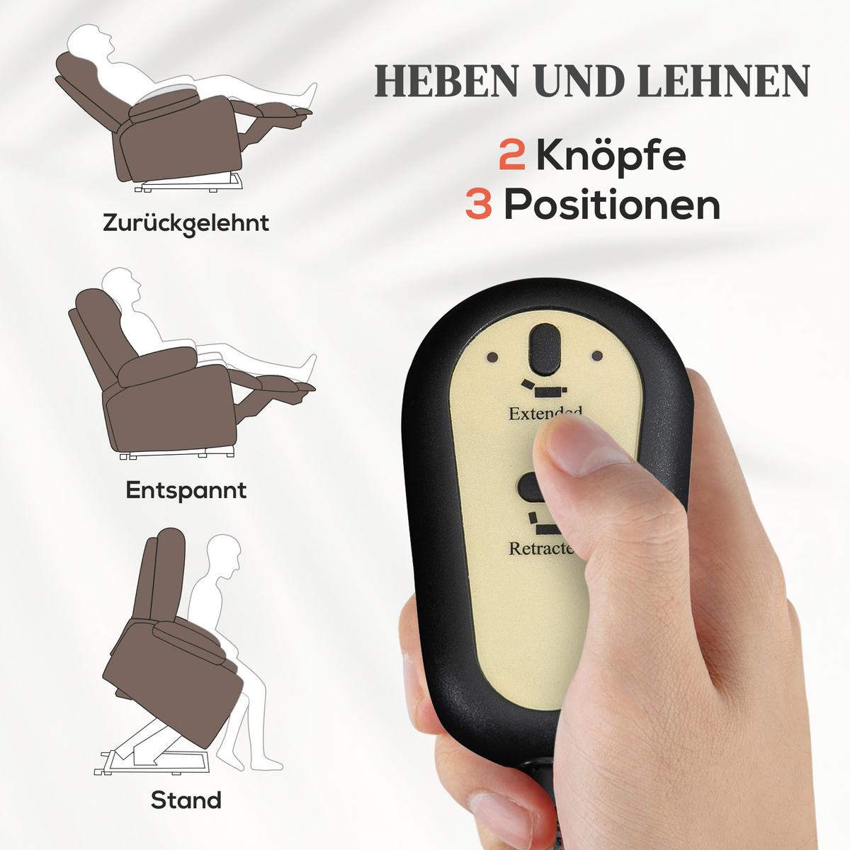 FERNSEHSESSEL mit Aufstehhilfe Elektrisch Relaxsessel mit Liege-/Massagefunktion - Schwarz/Braun, Textil/Metall (93/110/90cm) - HOMCOM