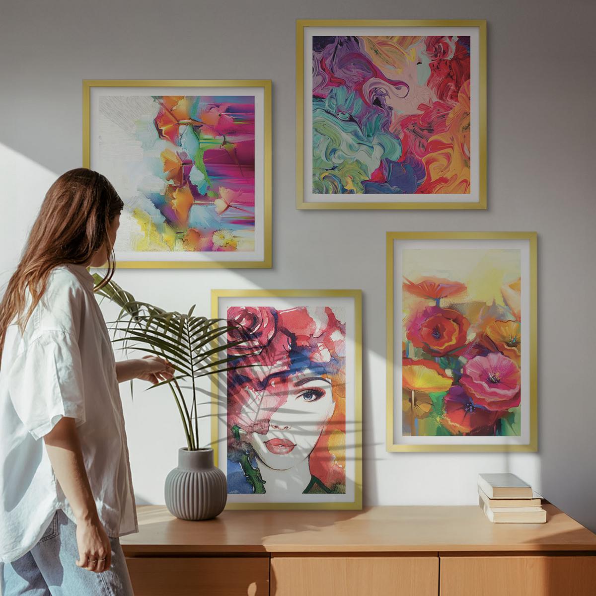 BILDER SET 4er Set - 50x50 cm & 40x60 cm Goldrahmen - Porträt von Blumen in intensiven Farben - Goldfarben, Kunststoff (50/50cm) - TULUP