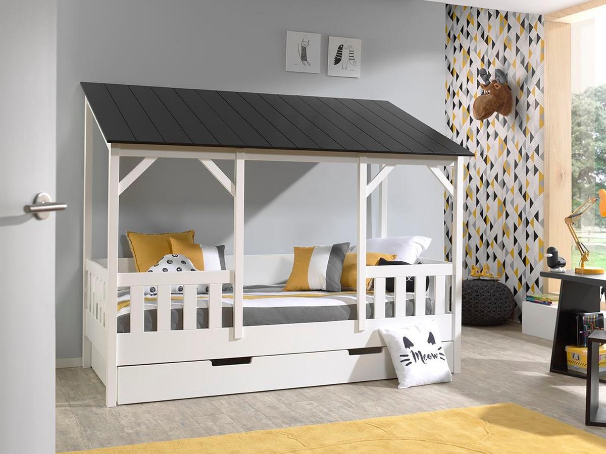 HAUSBETT Kateena 214x174x105 aus MDF+Massivholz in Weiß/Schwarz - Schwarz, Holzwerkstoff (90/200cm) - 58aufmkessel