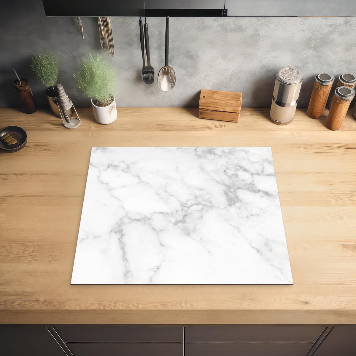 HERDABDECKPLATTE Marmor - Grau - Weiß - Strukturierter Marmor Abdeckung Ceranfeld 58.3x51.3 cm - Weiß, Kunststoff (58.3/51.3/0.2cm) - MuchoWow