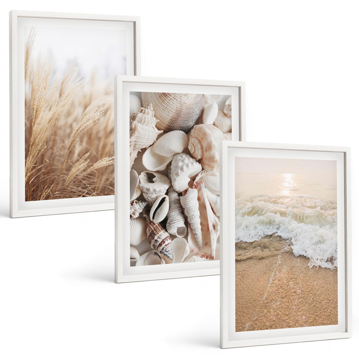 BILDER SET 3er Set - 40x60 cm Weißer Rahmen - Strandmotive, Muscheln, Wellen - Weiß, Kunststoff (40/60cm) - TULUP