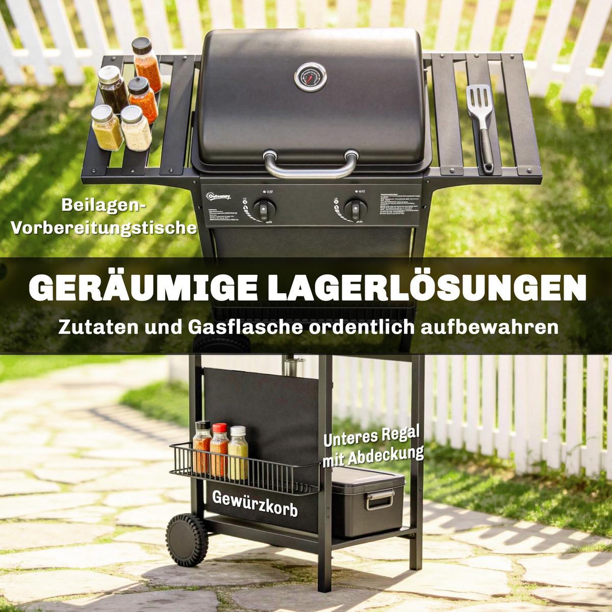 GASGRILL mit 2 Brenner aus Metall Schwarz - Schwarz, Metall (56/95/99cm) - Outsunny