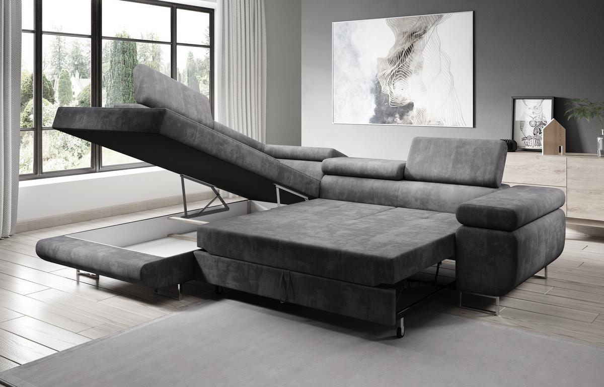 ECKSOFA L Form Kanya Grau 275/202/90 cm – Sofa mit Bettfunktion & Stauraum L - Dunkelgrau/Silberfarben, Textil/Metall (202/275cm) - AX Living