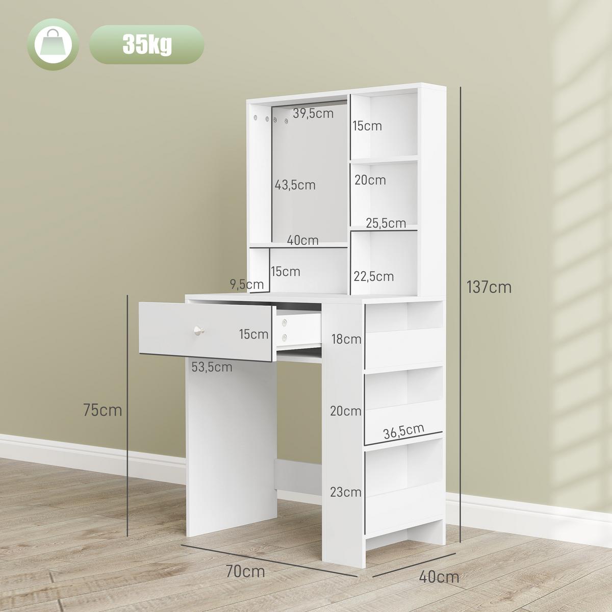 SCHMINKTISCH Kosmetiktisch mit Spiegel, Weiß - Weiß, Holzwerkstoff (40/137/70cm) - HOMCOM