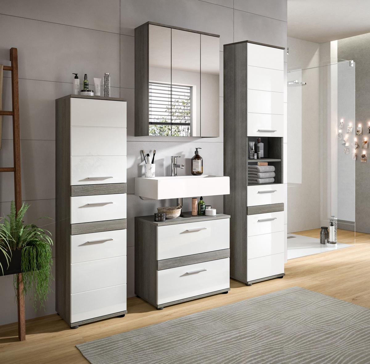 WASCHBECKENUNTERSCHRANK weiß Hochglanz, grau 60 cm, mit Schubkästen - Weiß Hochglanz/Schwarz, Holzwerkstoff/Kunststoff (60/57/34cm) - Inn.Furn