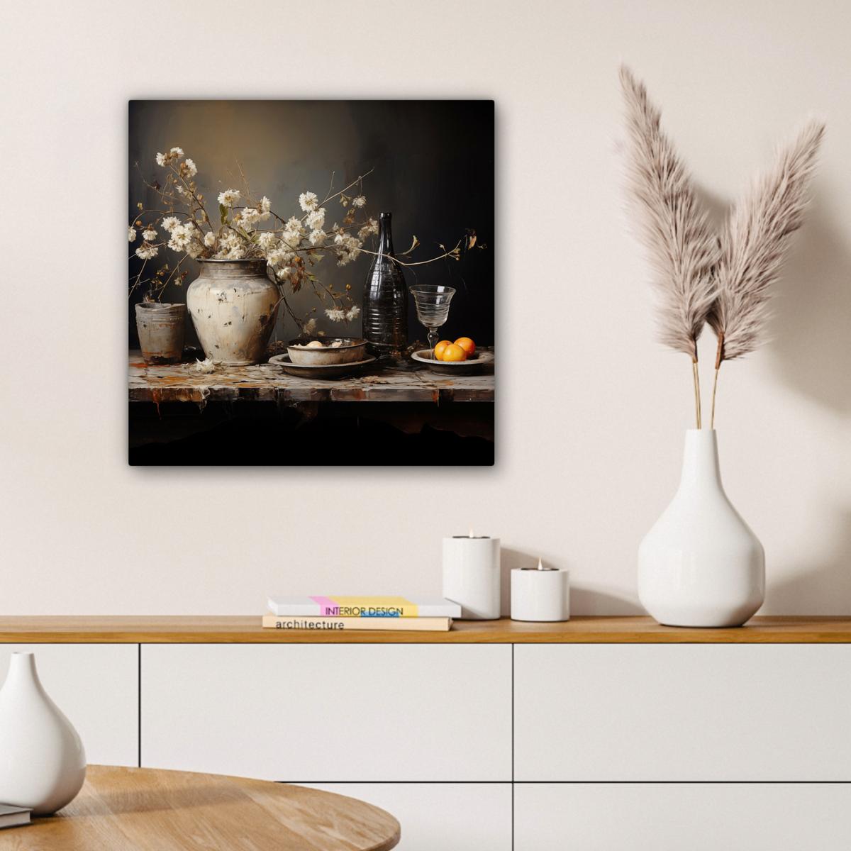 LEINWANDBILD Stilleben - Blumen - Blumenstrauß - Vase - Wein Wandbild Wohnzimmer 50x50 cm - Schwarz, Textil (50/50cm) - MuchoWow