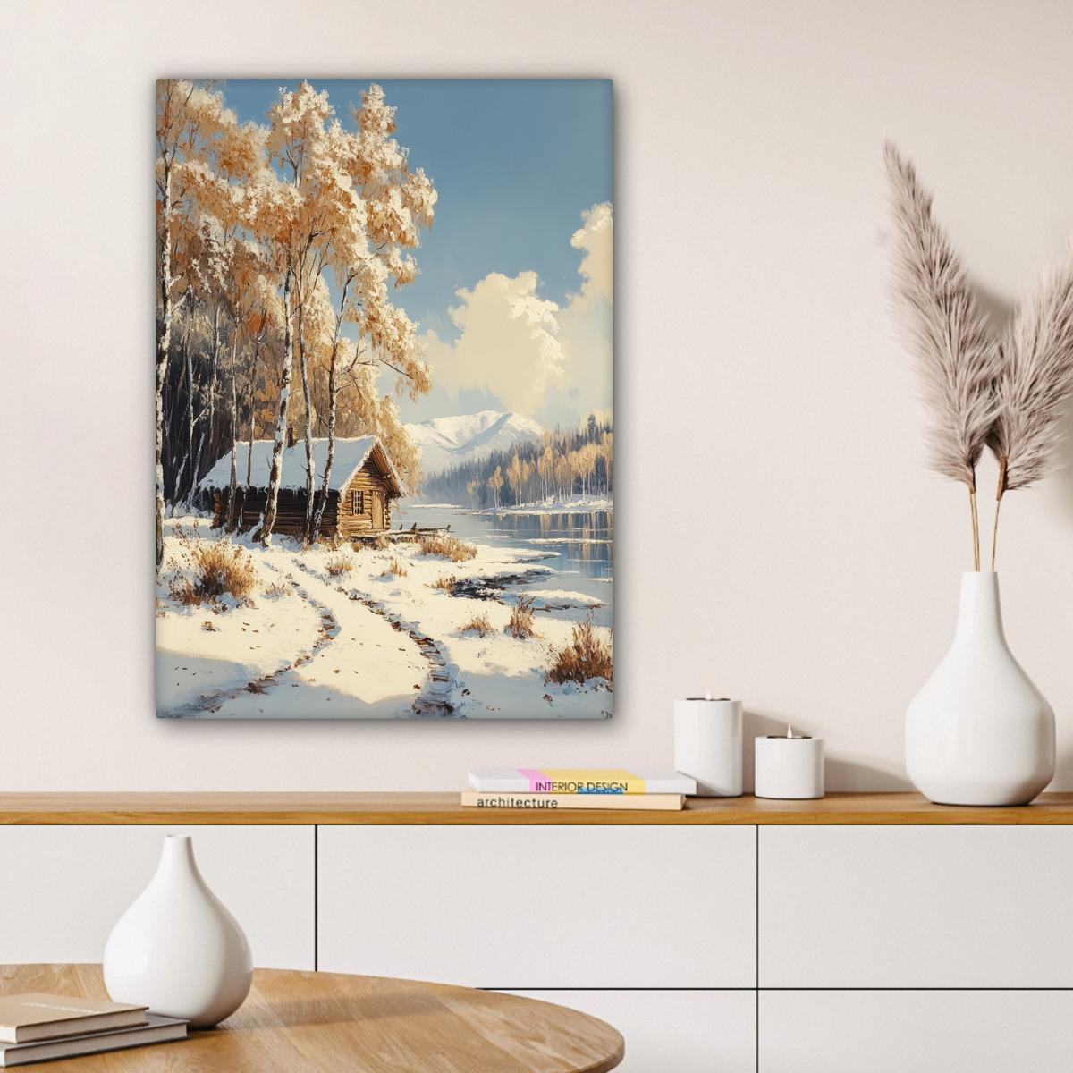 LEINWANDBILD Winter - Schnee - Zuhause - Natur Wandbild Wohnzimmer 60x80 cm - Hellbraun, Textil (60/80cm) - MuchoWow