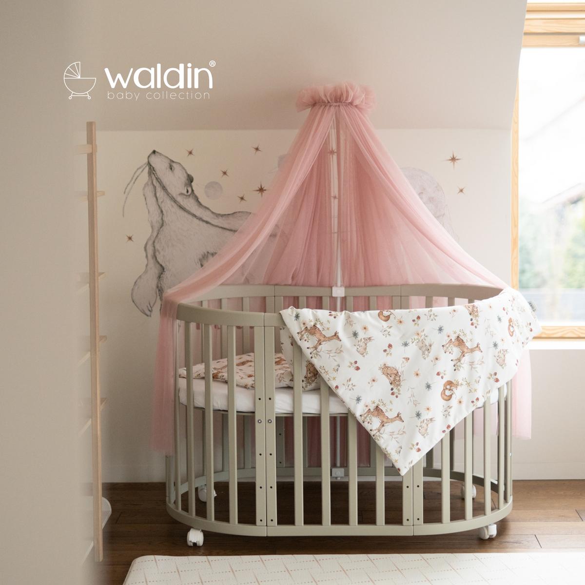 BABYBETT OLIVE OVAL 7in1 mit Matratze und Himmelset - Olivgrün/Rosa, Holz/Textil (73/125cm) - waldin