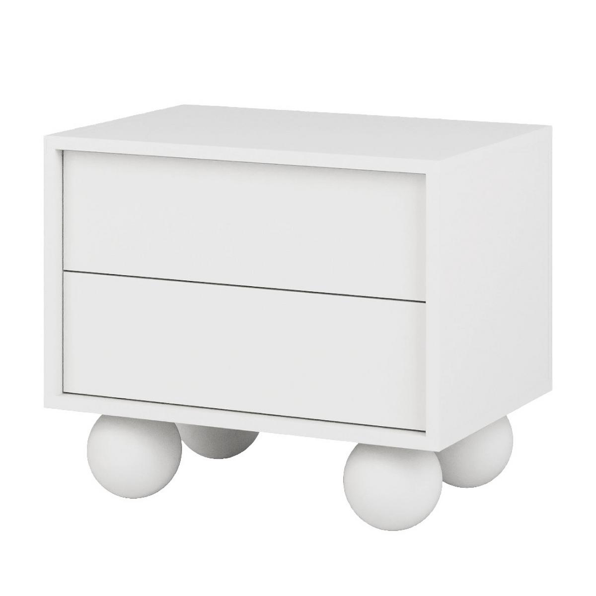 NACHTTISCH Adel mit 2 Schubladen und runden Füßen, 54 cm, Griffloss, Weiß - Weiß, Holzwerkstoff (54/35/38cm) - Beautysofa