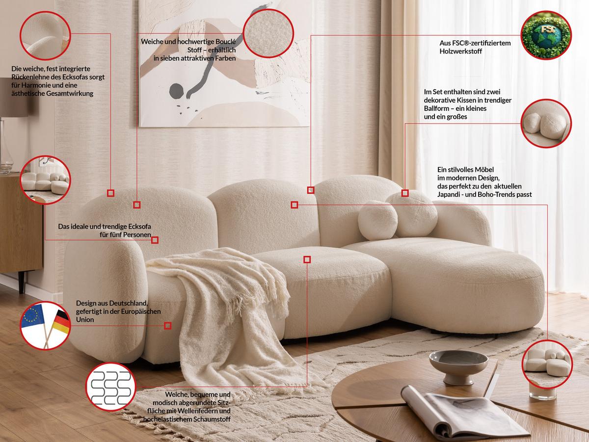 ECKSOFA Nuvola mit abgerundetem Design Hellbeige Bouclé-Stoff - Ottomane Rechts - Beige/Schwarz, Holz/Kunststoff (268/146cm) - S-Style Möbel