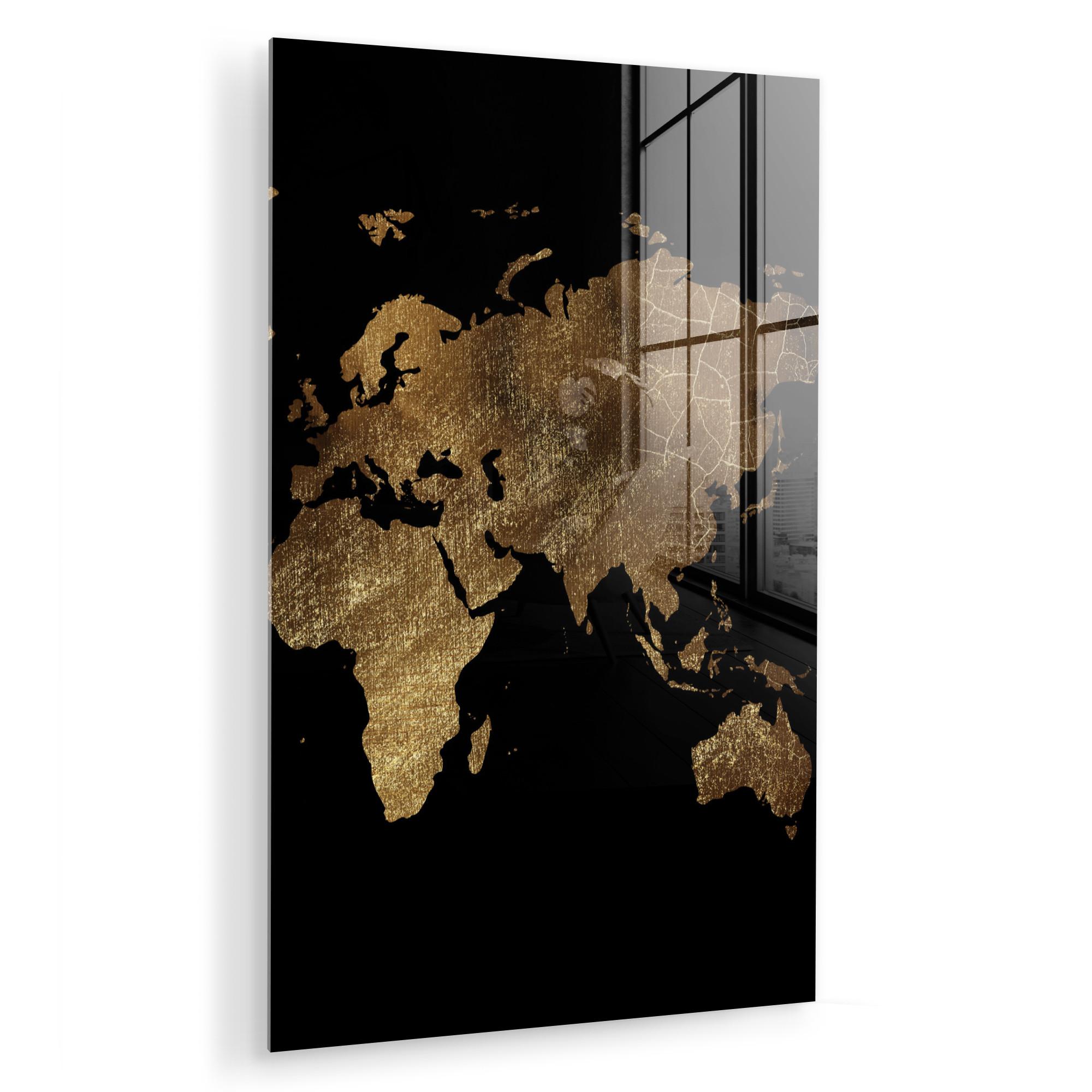 ACRYLGLASBILD Weltkarte - Gold - Luxus - Erde - Schwarz Wandbild 60x90 cm - Goldfarben, Glas (60/90cm) - MuchoWow