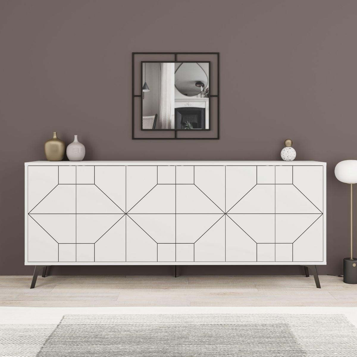 SIDEBOARD mit 6 dekorierten Türen L184 cm - Dune - Weiß, Holzwerkstoff (35/77.4/9cm) - Calicosy