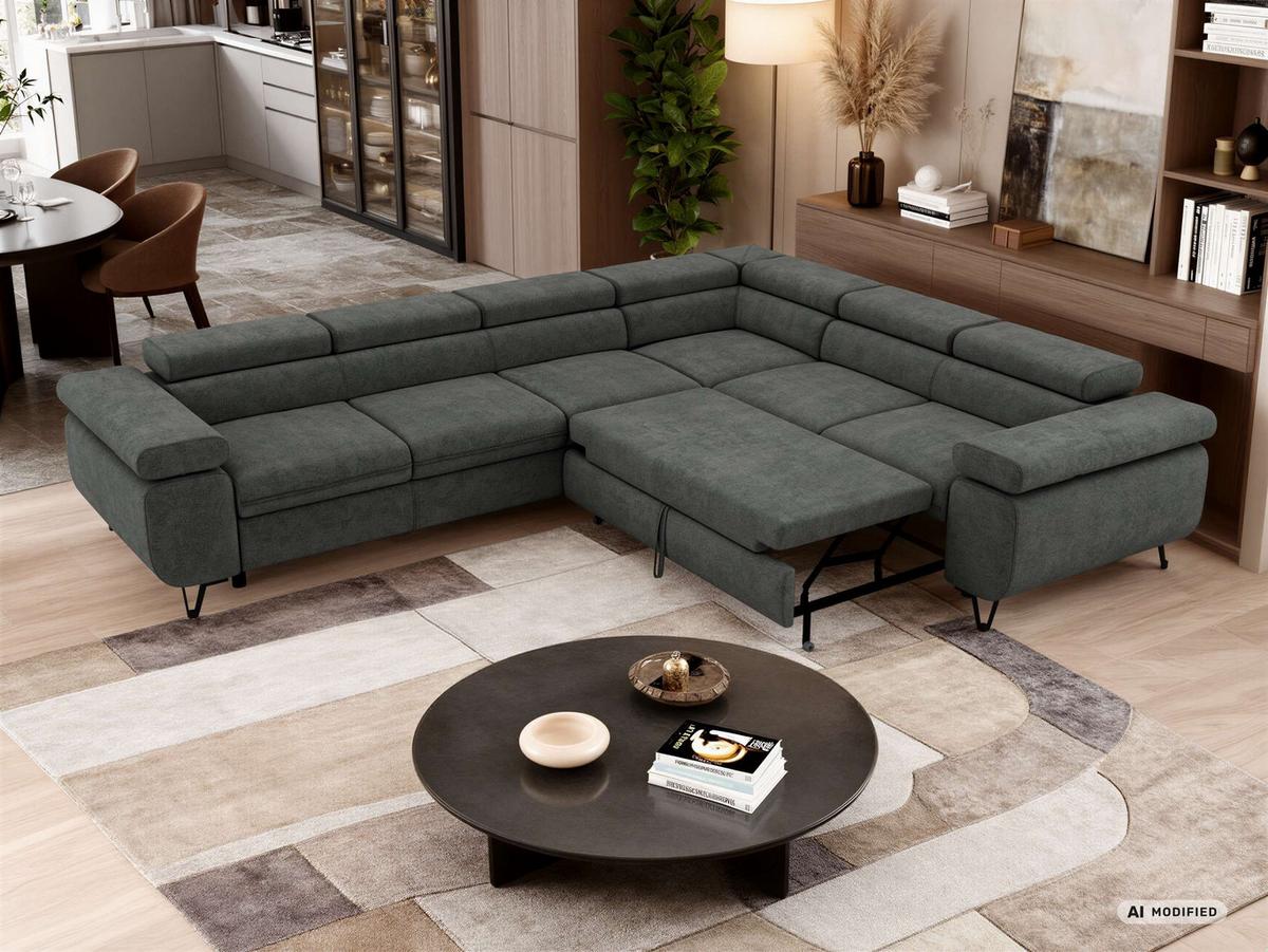ECKSOFA NORDEN L - Dunkelgrau Stukture - Links Seite - Dunkelgrau/Schwarz, Textil/Metall (269/329cm) - MKS