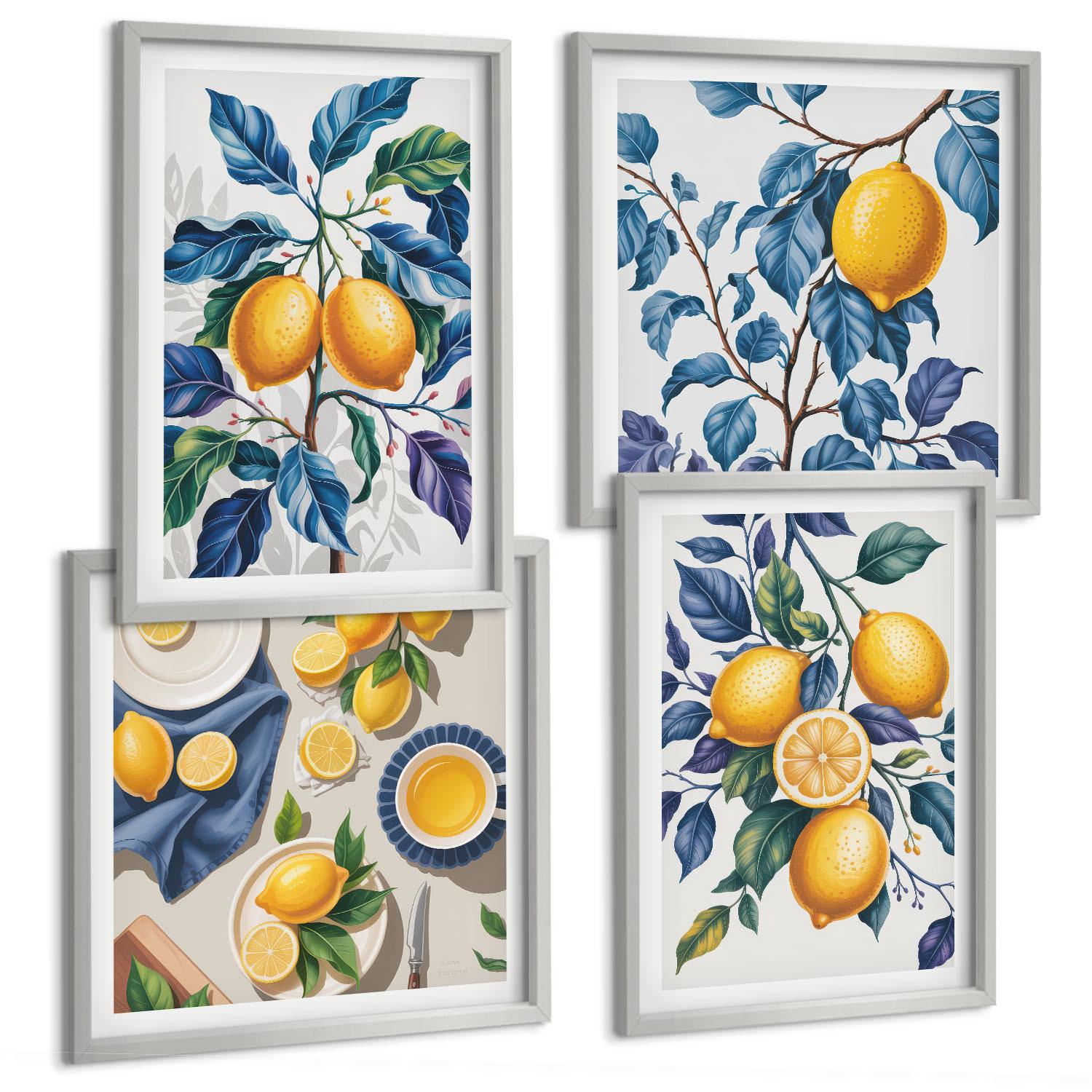 BILDER SET 4er Set - 50x50 cm & 40x60 cm Silberner Rahmen - Zitronenzweige mit blauen Blättern - Silberfarben, Kunststoff (50/50cm) - TULUP