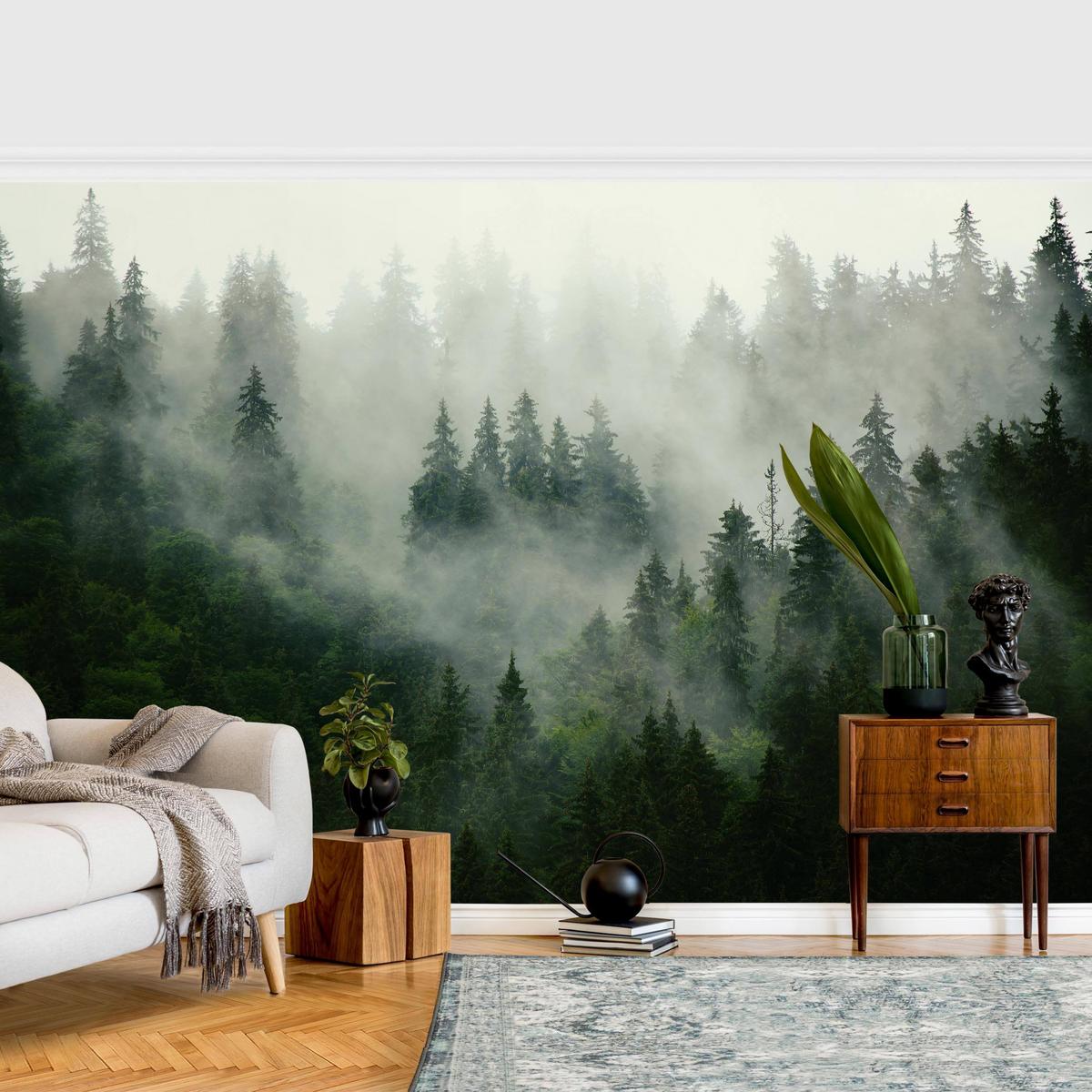 FOTOTAPETE Tiefgrüner Tannenwald im Nebel 288/190 cm - Grün, Papier (288/190cm) - Bilderwelten
