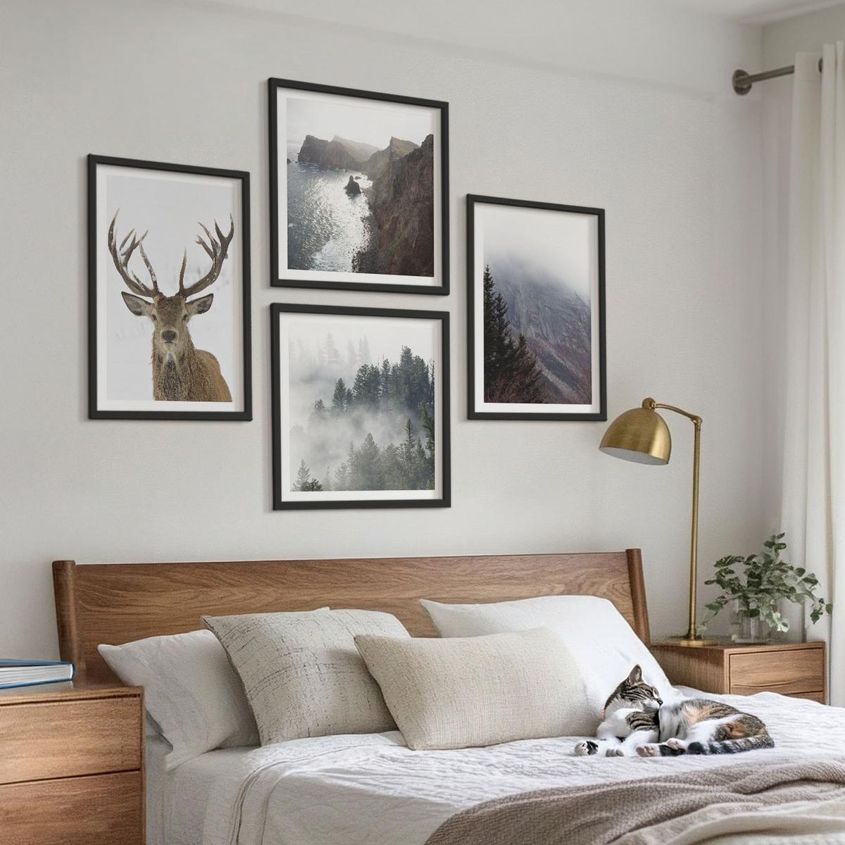 BILDER SET 4er Set - 50x50 cm & 40x60 cm Schwarzer Rahmen - Berglandschaft Nebel Hirsch - Schwarz, Kunststoff (50/50cm) - TULUP