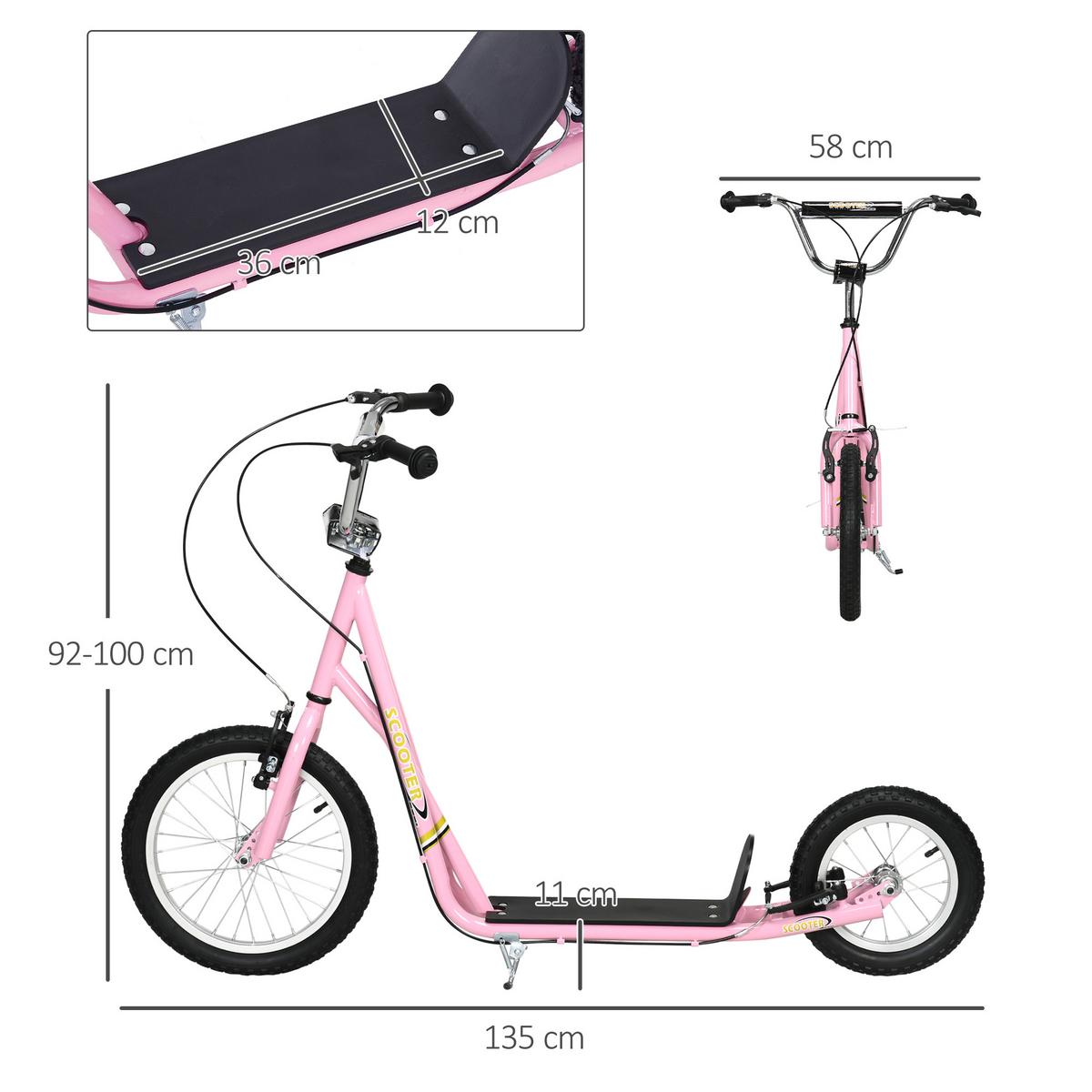 KINDER Tretroller mit Bremsen Scooter 16/12 Zoll Cityroller verstellbar Rosa - Rosa, Metall (135/58/100cm) - HOMCOM