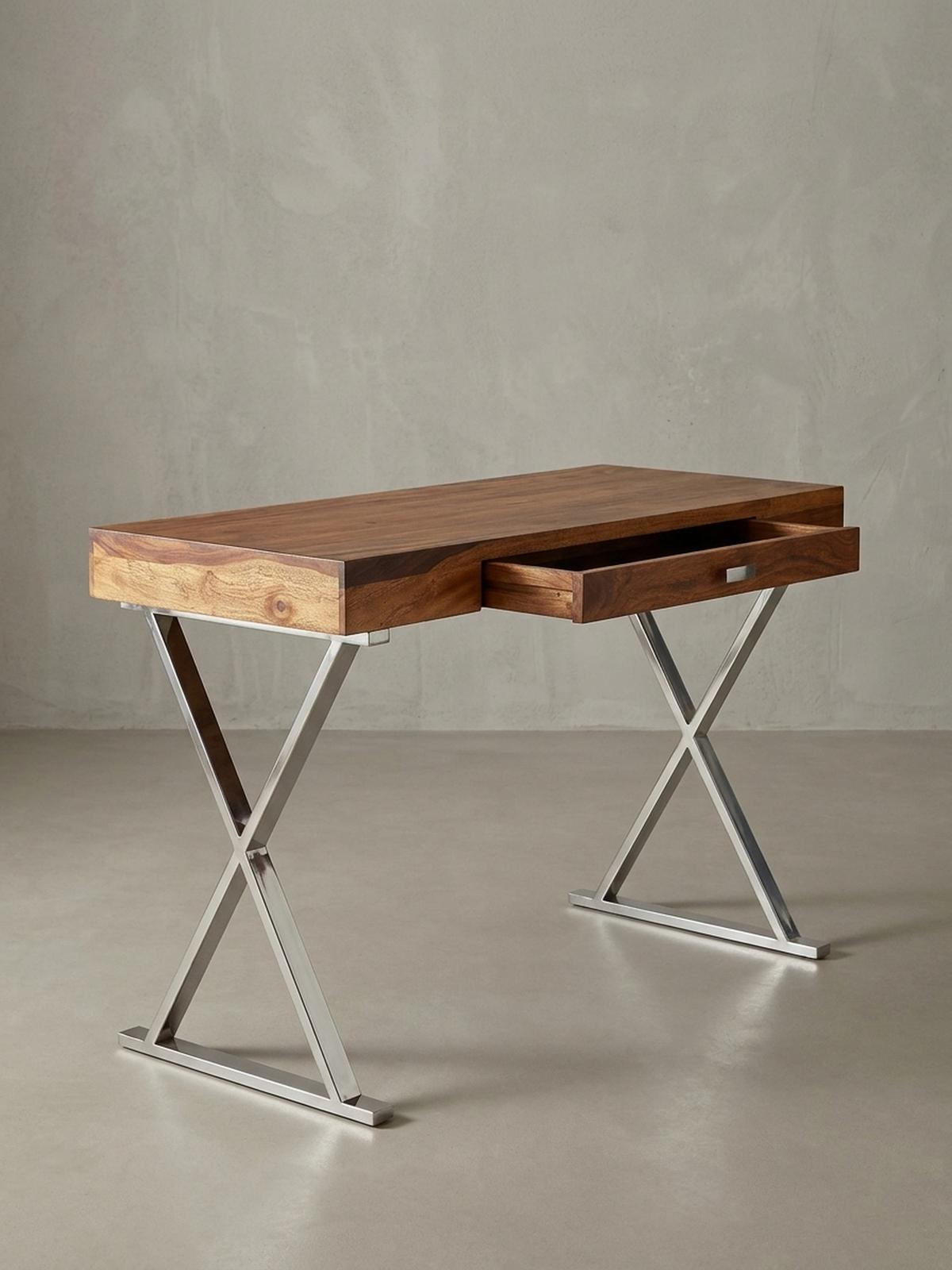 SCHREIBTISCH Massivholz X-Gestell Schublade, Silber 120x55x78 cm - Silberfarben, Holz/Metall (55/120/78cm) - KADIMA DESIGN
