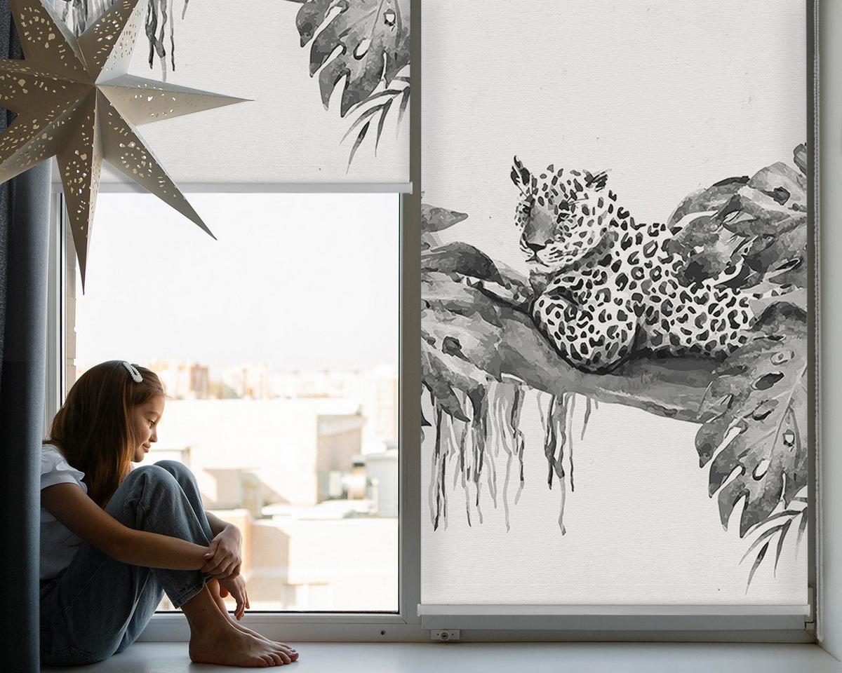 INNENROLLO - Fensterrollo - Rollo - 100x140 cm - Gezeichnete Geparden auf einem Ast - Grau, Kunststoff (100/140/0.5cm) - TULUP