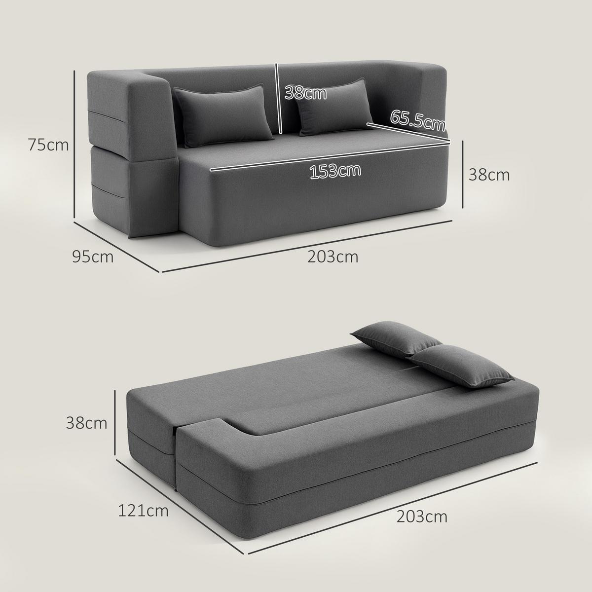2-SITZER-SCHLAFSOFA aus Schaumstoff mit breiten Armlehnen, 2 Kissen, Grau - Grau, Textil (95/75/203cm) - HOMCOM