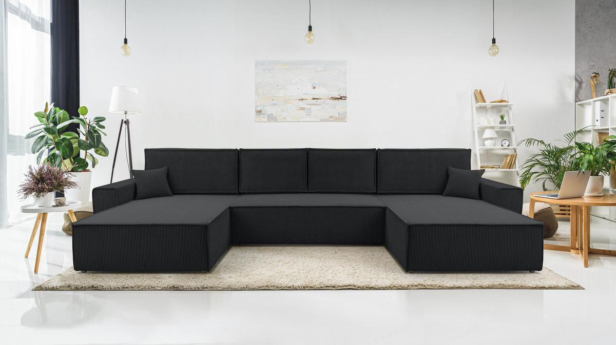 WOHNLANDSCHAFT Cedria Dunkelgrau 389/145/85 cm mit Schlaffunktion - Dunkelgrau/Schwarz, Kunststoff/Textil (389/85/145cm) - AX Living