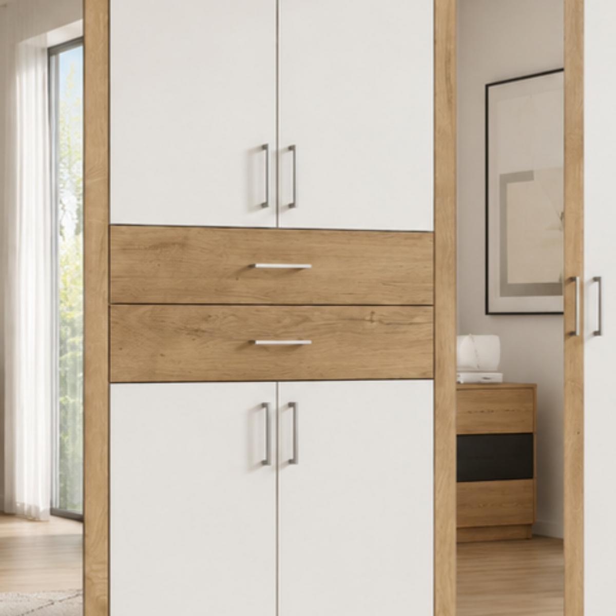 DREHTÜRENSCHRANK B270/H208/T58 cm Weiß mit Absetzungen in Eiche Dekor, Kleiderschrank mit 2 Spiegeltüren & Schubkästen / 22595 - Eichefarben/Silberfarben, Holzwerkstoff/Kunststoff (270/208/58cm) - luma-home