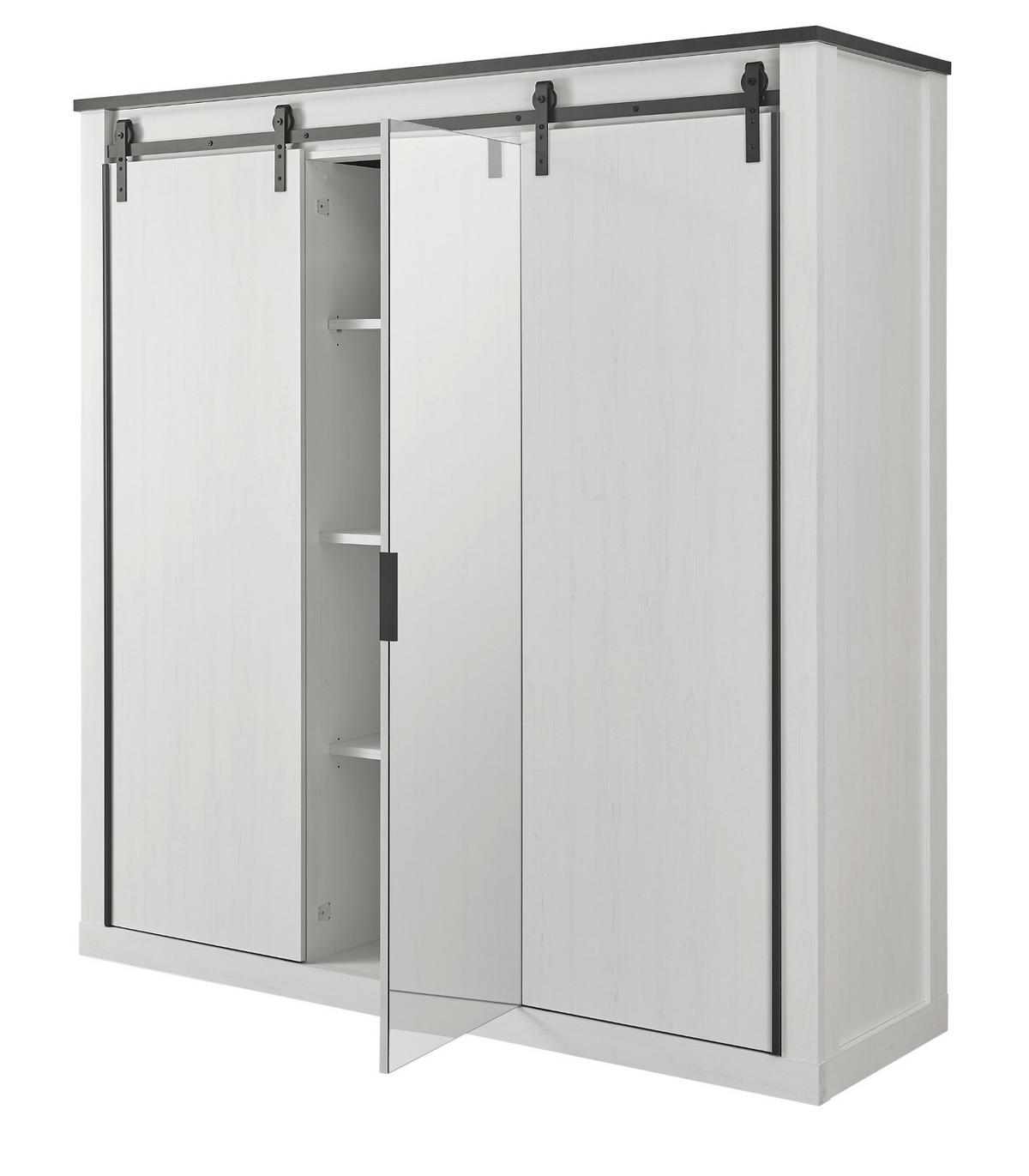 KLEIDERSCHRANK weiß Pinie, anthrazit Landhaus, Schiebetürenschrank 3-türig mit Spiegel 201 x 209 - Anthrazit/Weiß, Holzwerkstoff/Metall (201/209/63cm) - Furn.Design