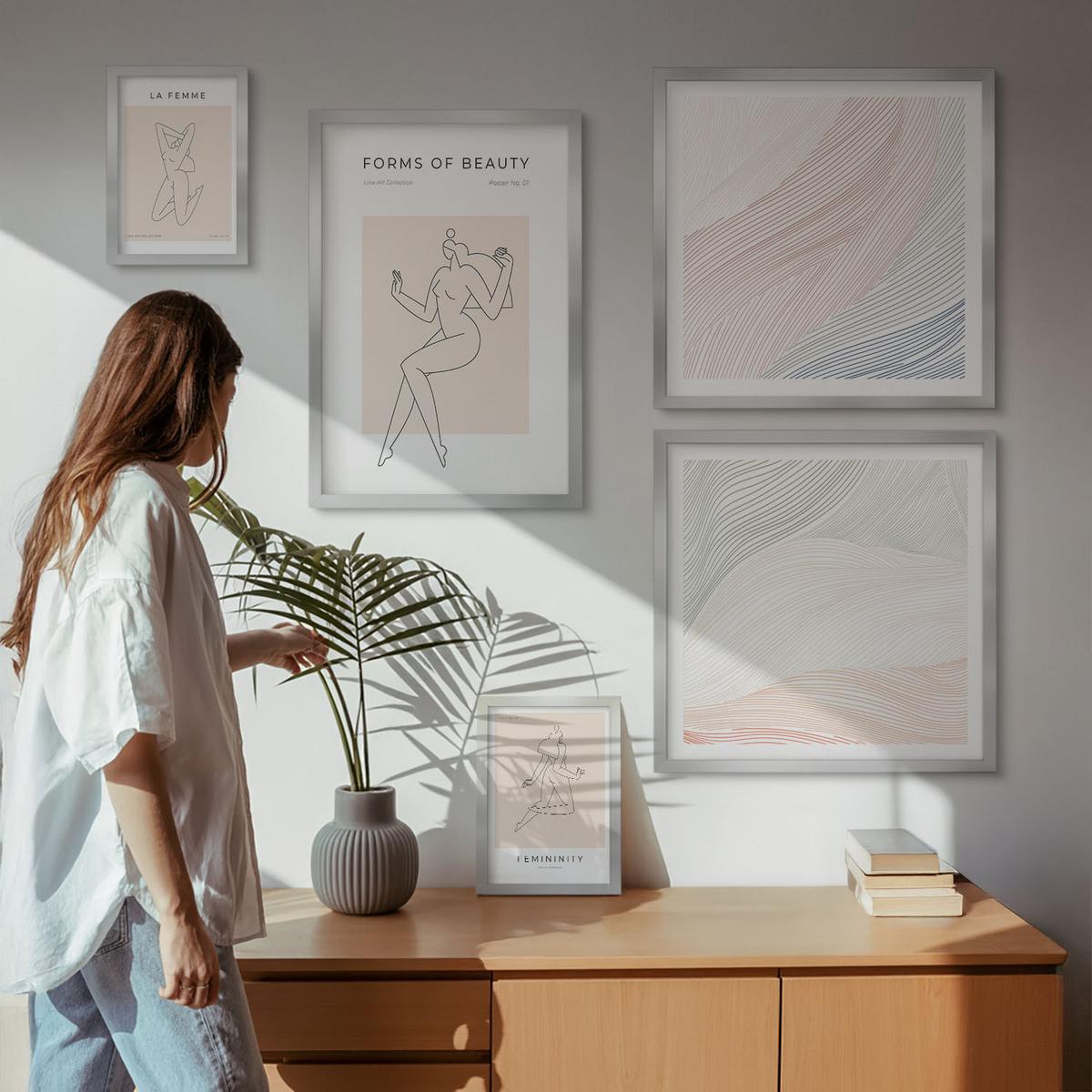 BILDER SET 5er Set - 50x50 cm & 20x30 cm & 40x60 cm Silberner Rahmen - Weibliche Silhouetten auf Plakaten - Silberfarben, Kunststoff (40/60cm) - TULUP