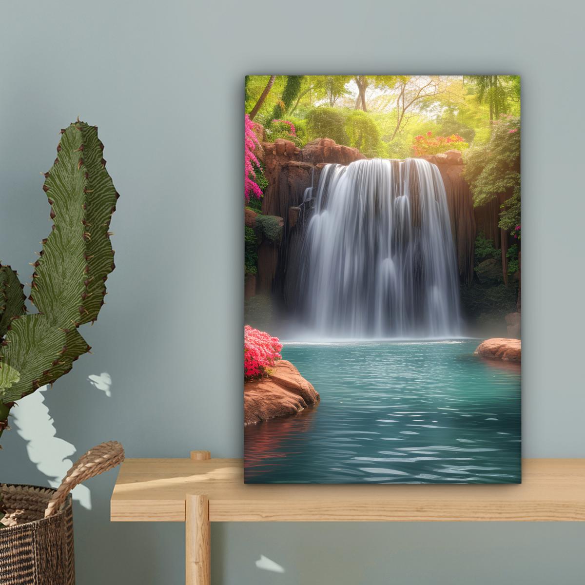 LEINWANDBILD Wasserfall - Natur - Pflanzen - Dschungel - Wasser Deko Wohnzimmer 20x30 cm - Grün, Textil (20/30cm) - MuchoWow