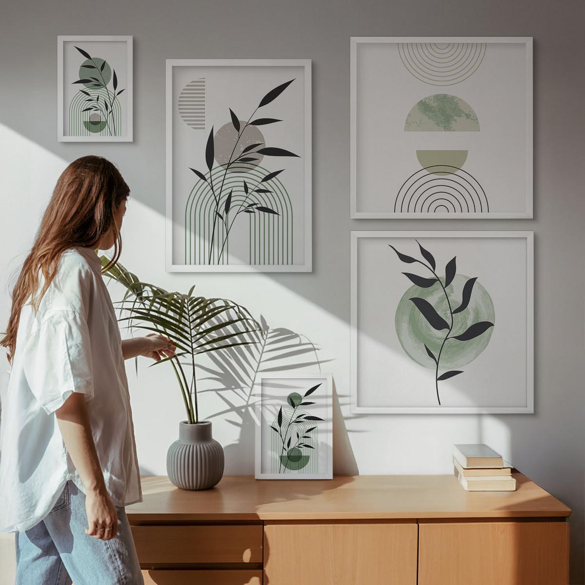 BILDER SET 5er Set - 50x50 cm & 20x30 cm & 40x60 cm Weißer Rahmen - Boho-Pflanzenkompositionen - Weiß, Kunststoff (40/60cm) - TULUP