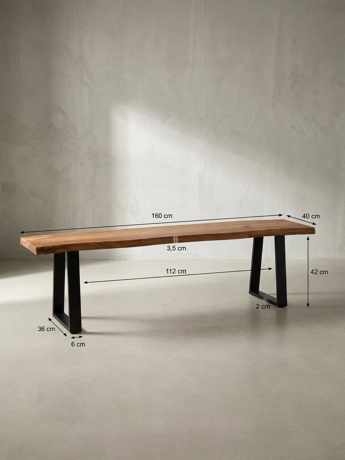 ESSZIMMERBANK Massivholz Metall Baumkante ohne Lehne, Akazie 160x40x46 cm - Schwarz/Braun, Holz/Metall (160/46/40cm) - KADIMA DESIGN