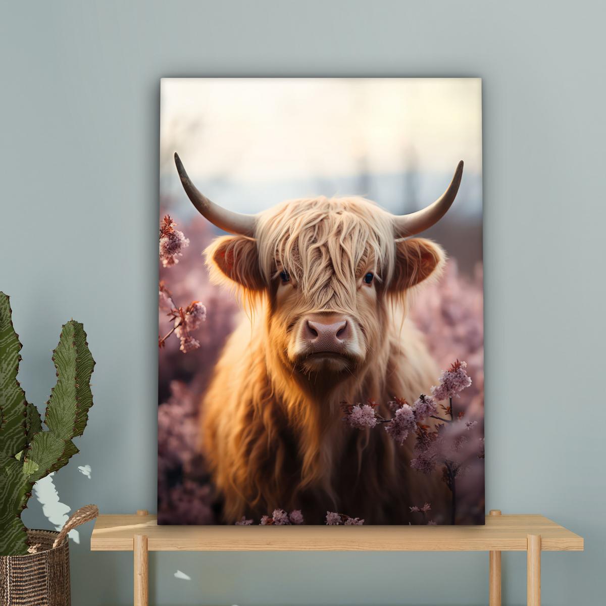 LEINWANDBILD Schottischer Hochländer - Frühling - Hochland Wandbild Wohnzimmer 60x80 cm - Hellrosa, Textil (60/80cm) - MuchoWow