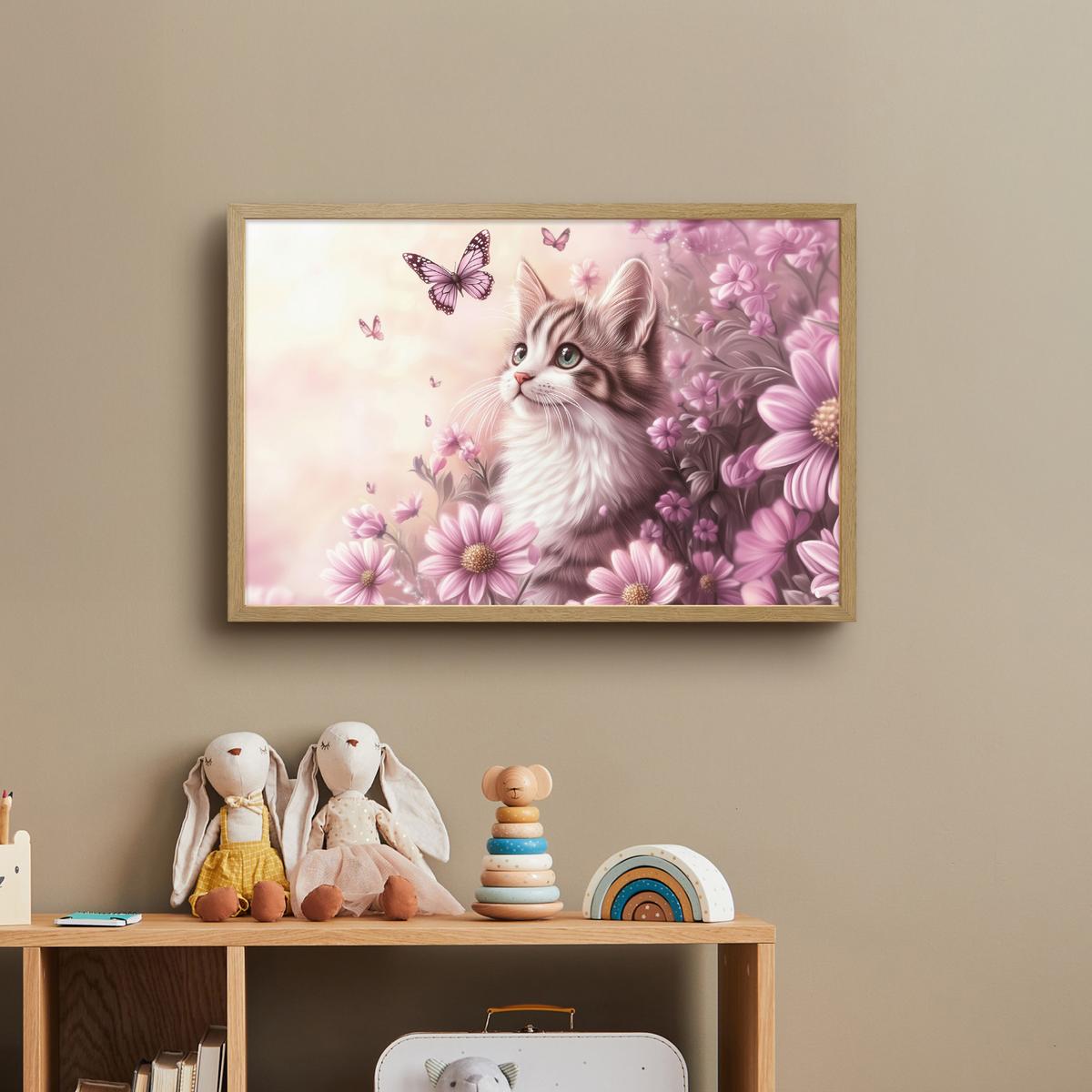 WANDLEUCHTE MIT AKKU Kätzchen - Blumen - Schmetterlinge - Lila 60x40 cm - Altrosa, Holzwerkstoff (60/40/8cm) - OnlyWow