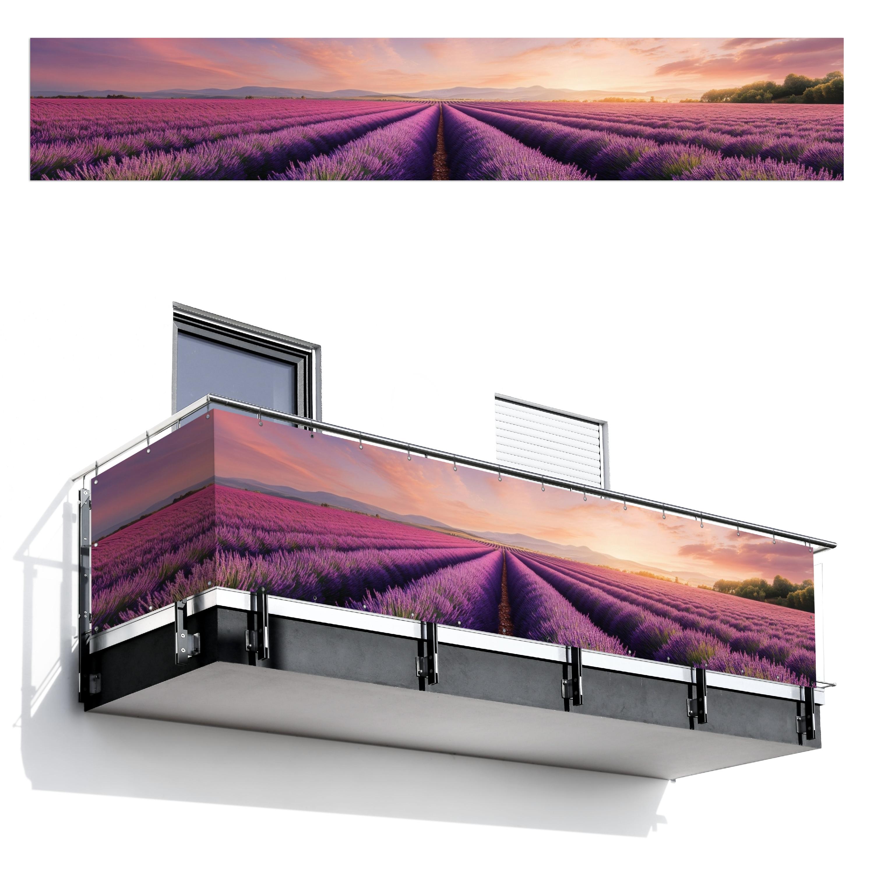 BALKON-SICHTSCHUTZ Lavendelfeld - Sonnenuntergang - Lila - Blumen Groß 500x90 cm - Violett, Kunststoff (500/90cm) - MuchoWow