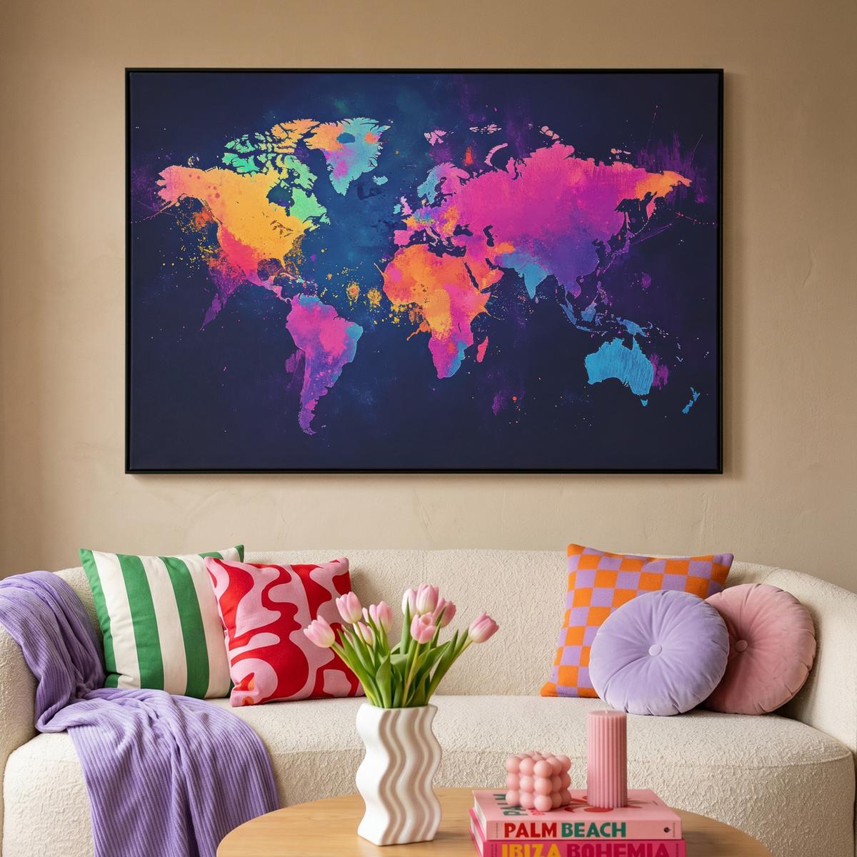 LEINWAND Bilder mit Rahmen - Weltkarte - Bunt - Graffiti - 150x100 - Multicolor, Textil (150/100cm) - MuchoWow