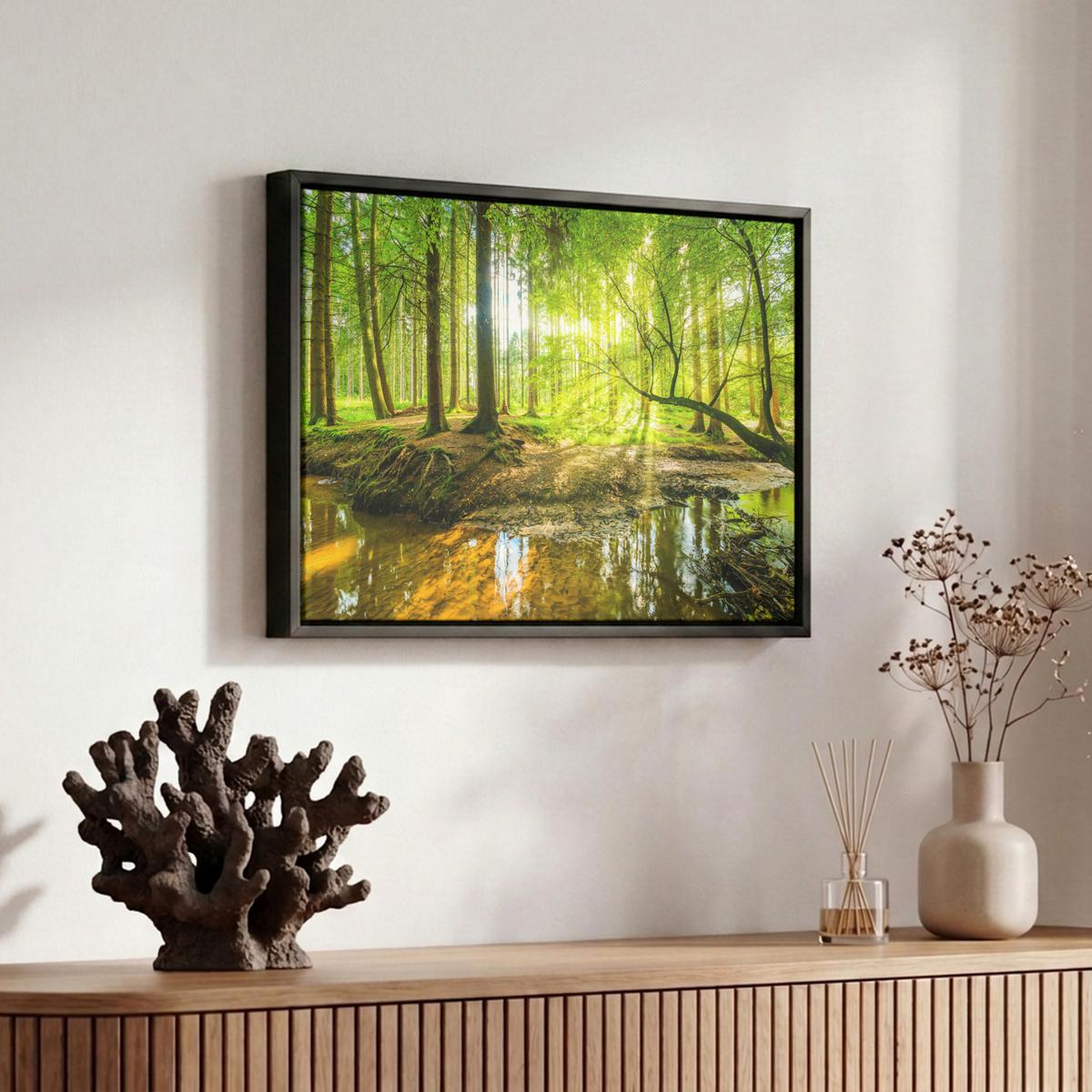 LEINWAND Bilder mit Rahmen - Wald - Landschaft - Wasser - Bäume - Sonne - Grün - Natur - 30x20 - Grün, Textil (30/20cm) - MuchoWow