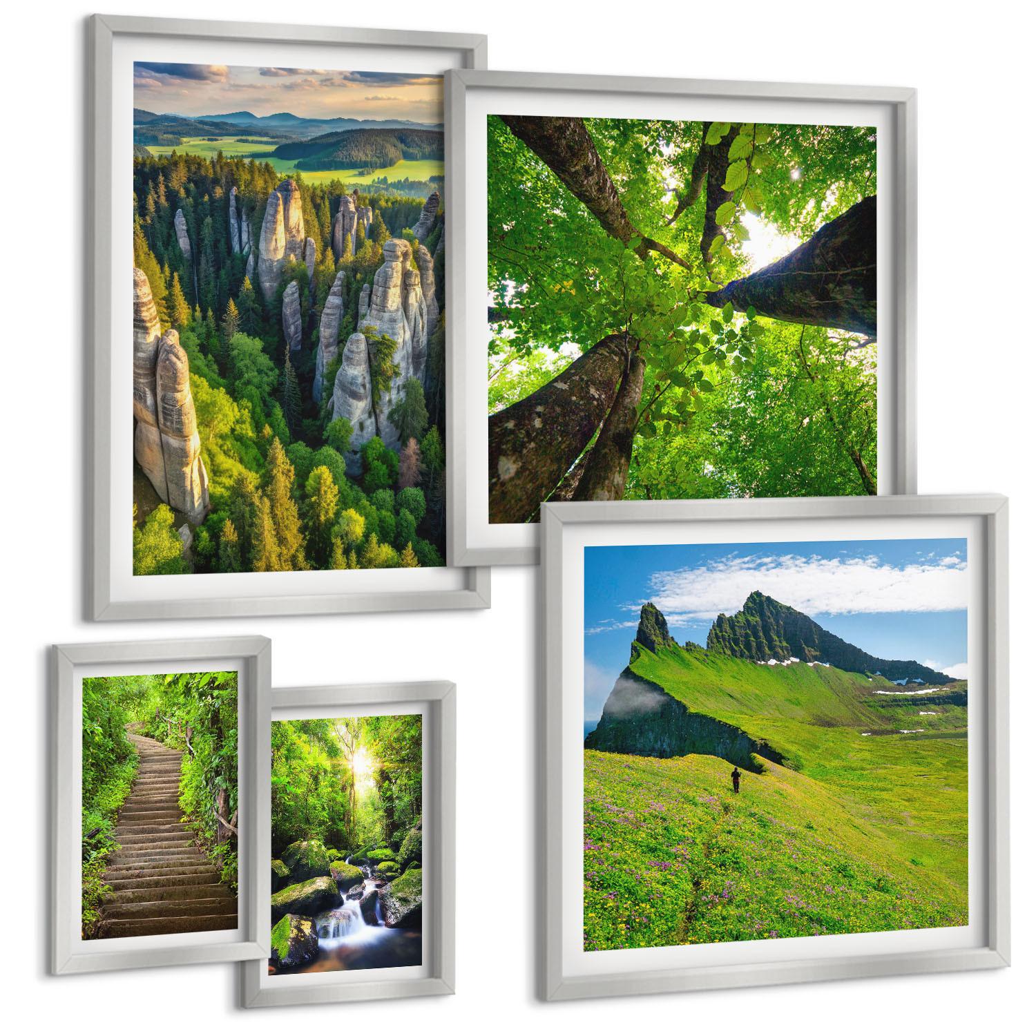 BILDER SET 5er Set - 50x50 cm & 20x30 cm & 40x60 cm Silberner Rahmen - Grüne Berge Wasserfallwald - Silberfarben, Kunststoff (40/60cm) - TULUP